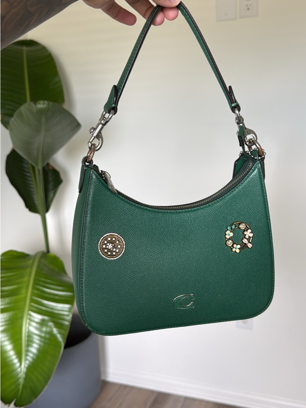 Coach Green Leather Crossbody Shoulder Bag with Decorative Pins